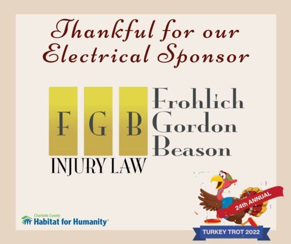 Advertisement for Habitat for Humanity's Turkey Trot, thanking electrical sponsor Frohlich Gordon Beason. Features a turkey icon.