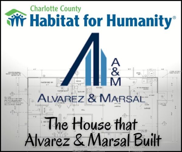 Habitat for Humanity logo with Alvarez & Marsal's house plan and text: 