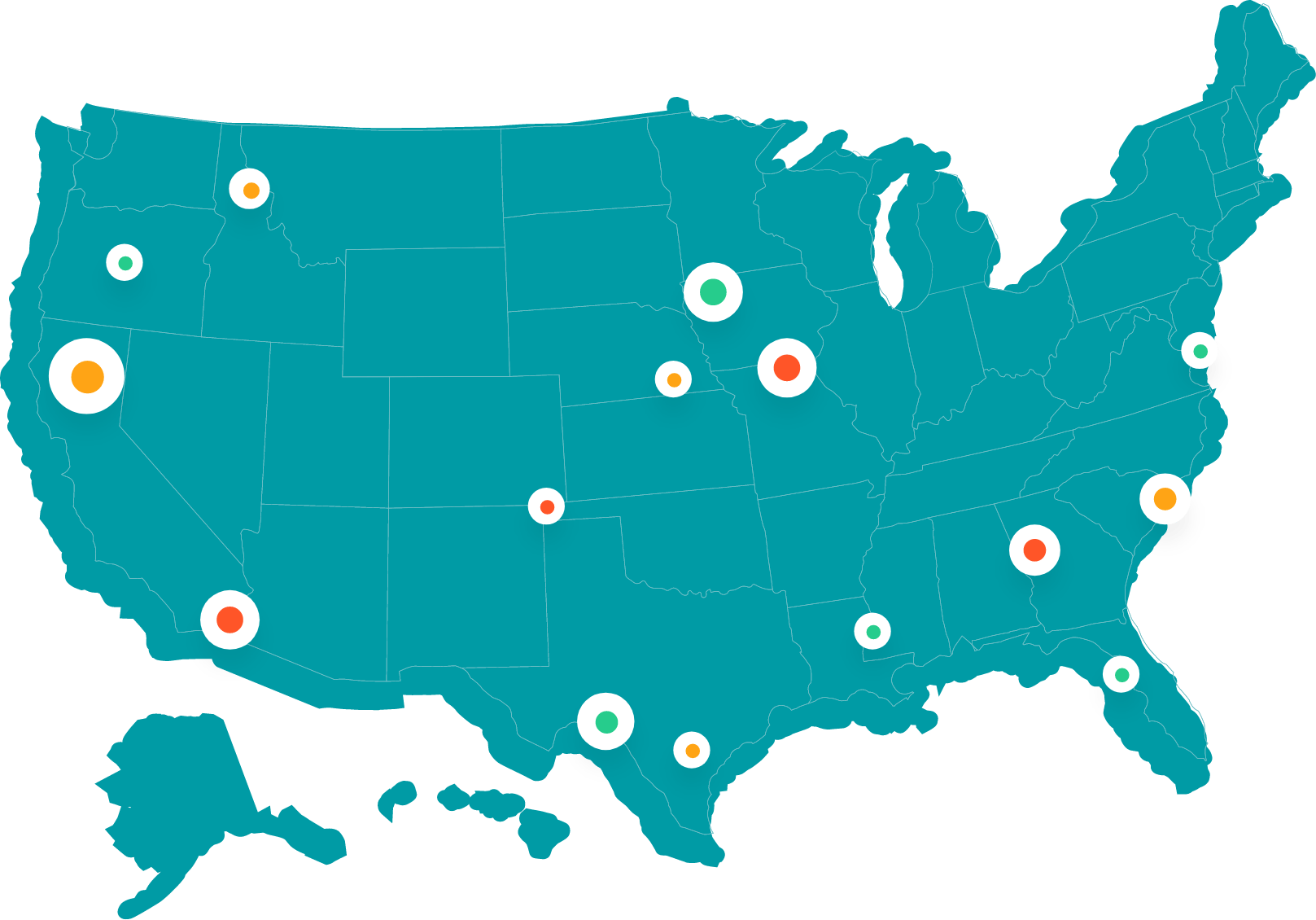 Map of the United States with scattered orange, red, and green circles, possibly representing locations.