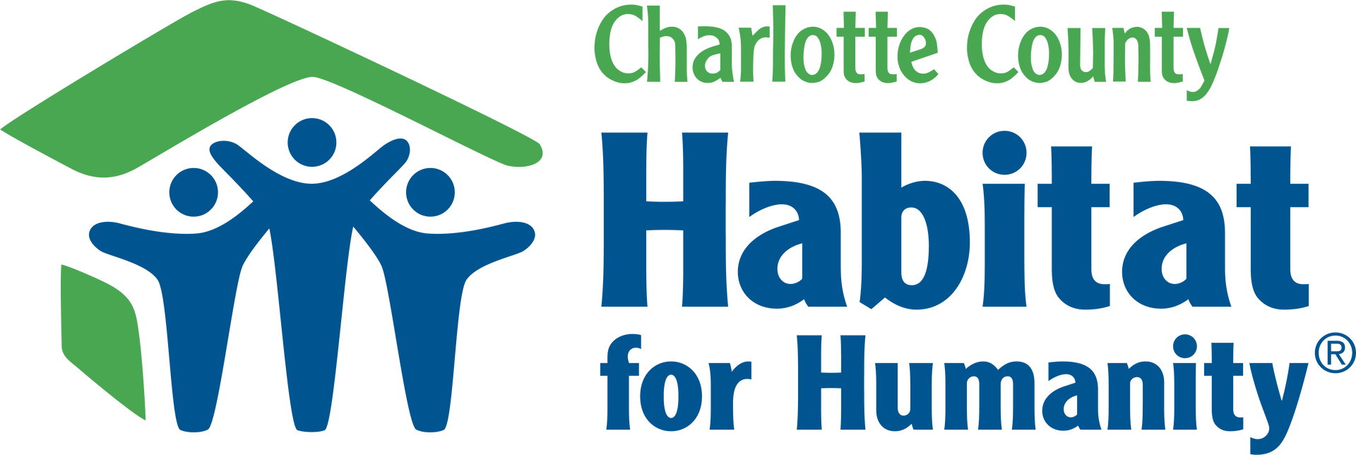 Charlotte County Habitat for Humanity logo: house shape over three blue figures with arms raised.