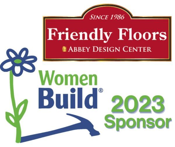 Friendly Floors logo sponsoring Women Build 2023, featuring a red and gold logo and a blue flower with a hammer.