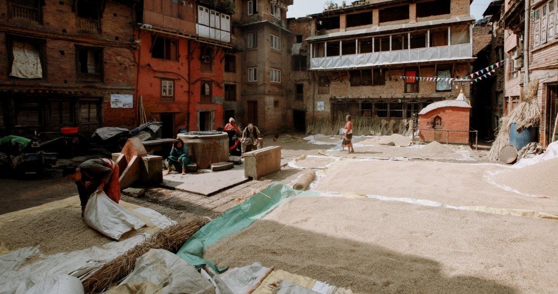 People drying grains in a sunny square in front of brick buildings, possibly Nepal.