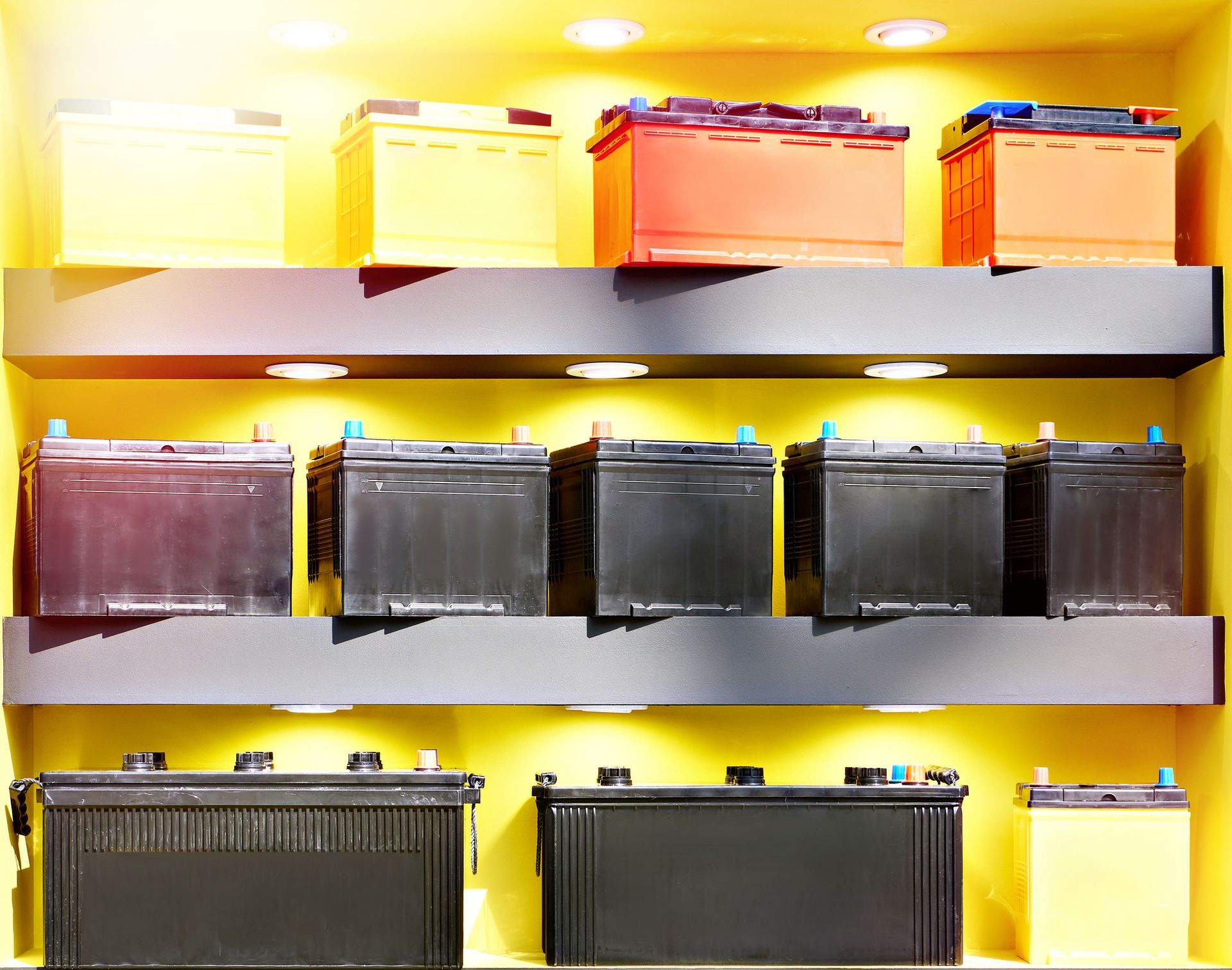 Rows of lead acid car batteries displayed on shelves in a commercial battery supply store.