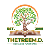 Logo with tree, book, and orange circle. "The Tree M.D. Reimagine Plant Care". Established 2008.