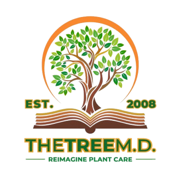 Logo with tree, book, and orange circle. "The Tree M.D. Reimagine Plant Care". Established 2008.