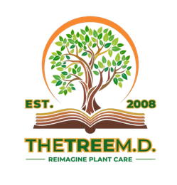 Logo with tree, book, and orange circle. "The Tree M.D. Reimagine Plant Care". Established 2008.