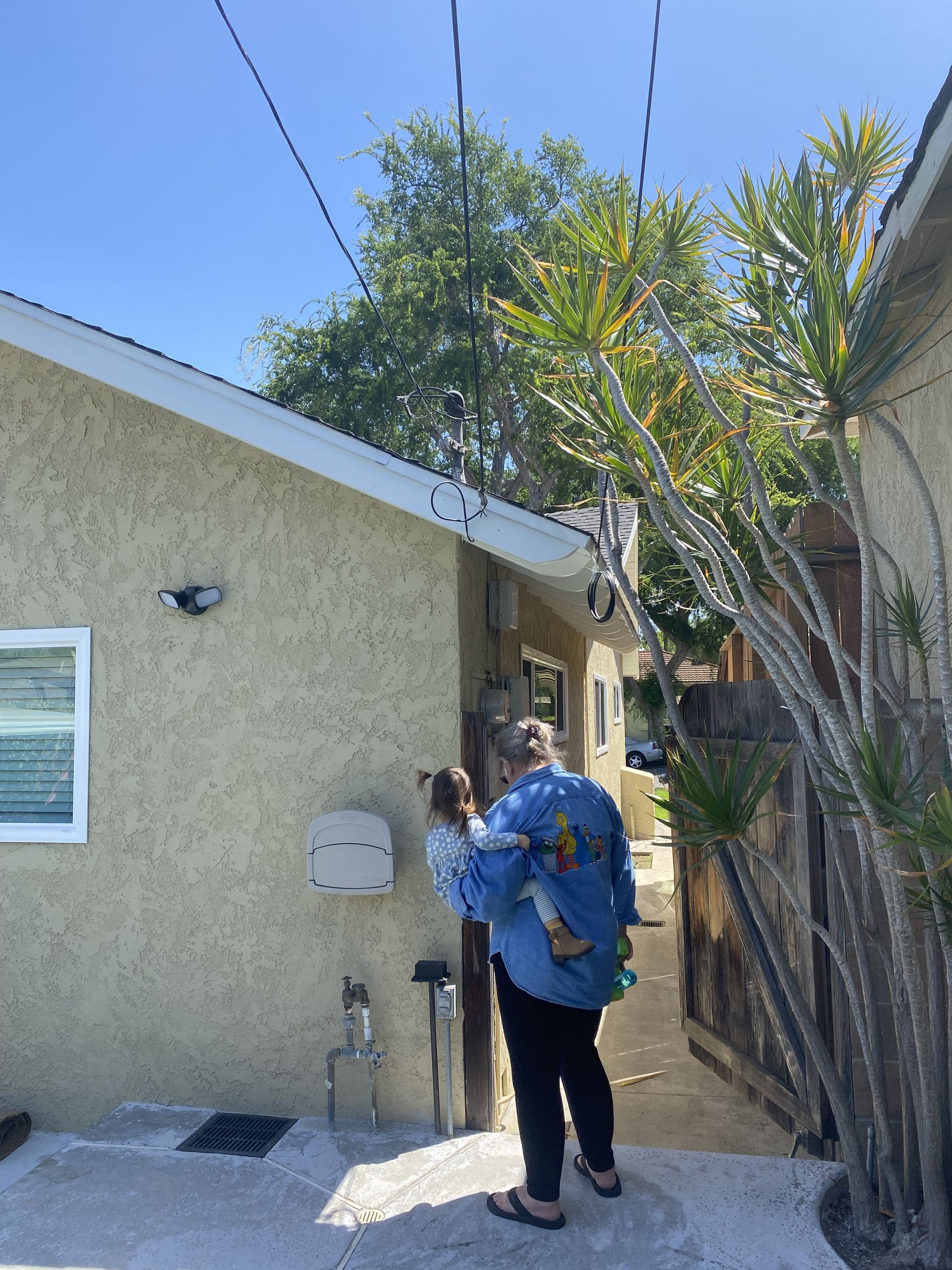 Person on a ladder painting a tan house exterior near a fence and trees.