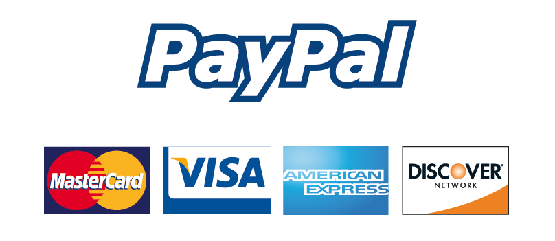 PayPal logo above the logos for MasterCard, Visa, American Express, and Discover Network.