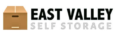 A logo for east valley self storage with a cardboard box