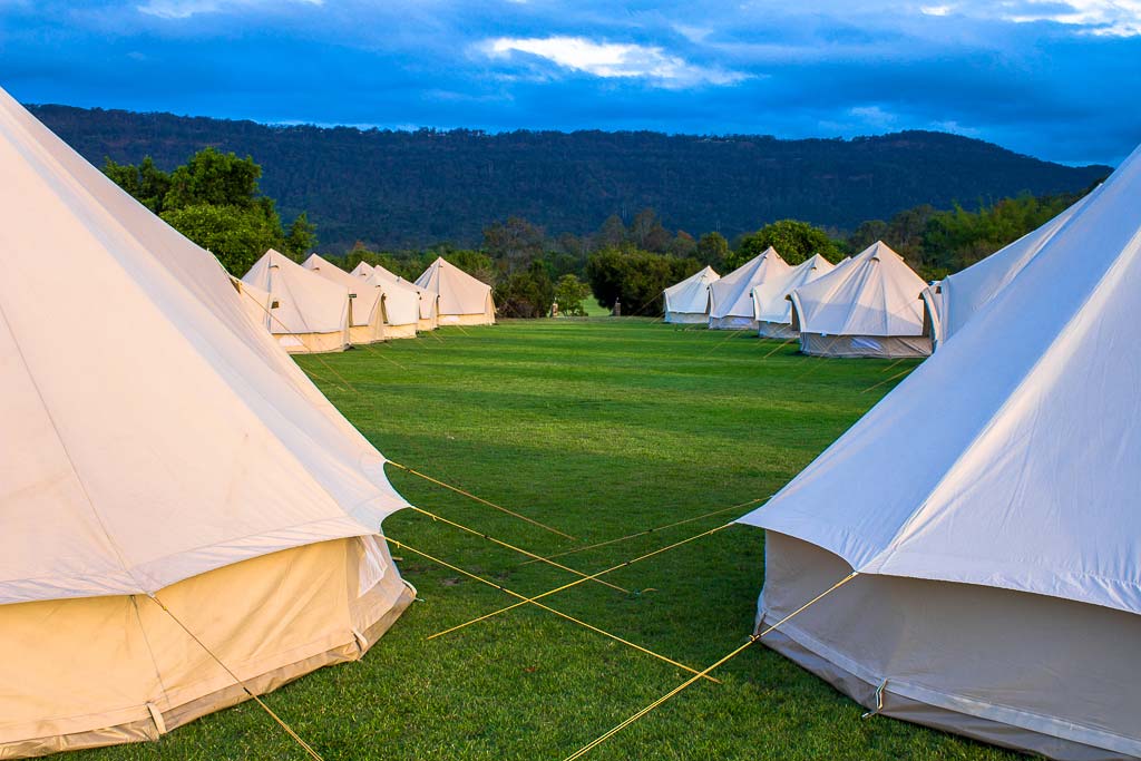 field of large white tents