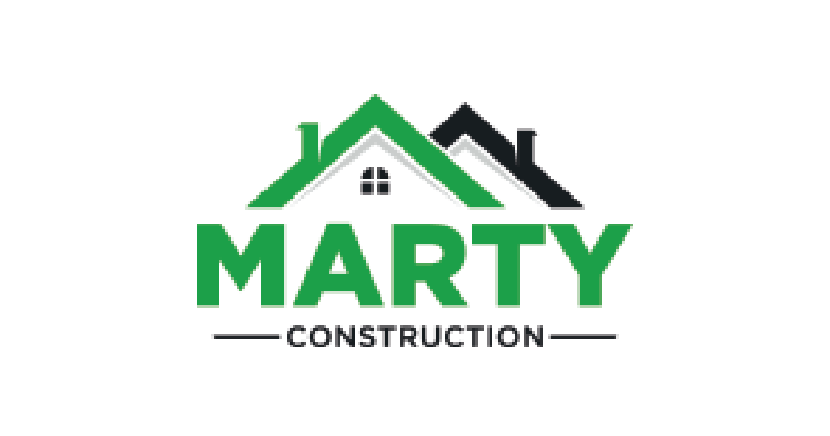 A logo for marty construction with a house on the roof