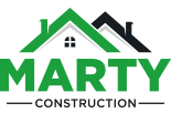 The logo for marty construction shows a house with a green roof.