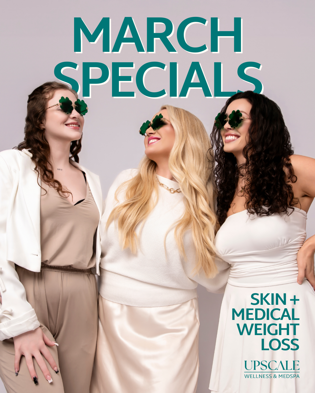 Three smiling individuals wearing shamrock-shaped sunglasses, promoting March specials for Skin + Medical Weight Loss.