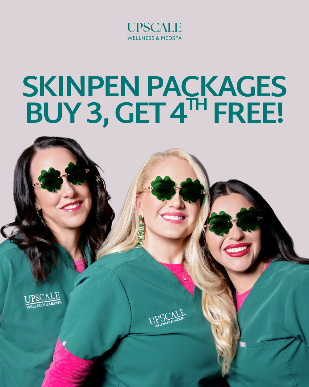 Three people wearing green scrubs and clover-shaped sunglasses promote a 