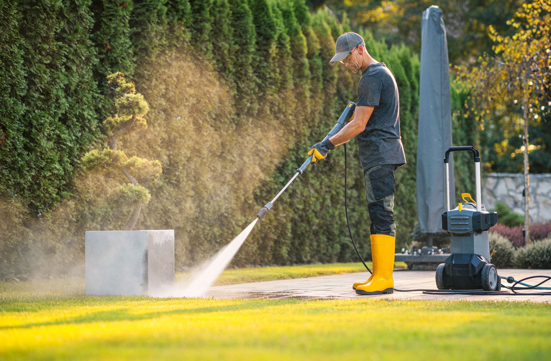 Worker spraying a patio with a pressure washer beside a lawn in bright sunlight