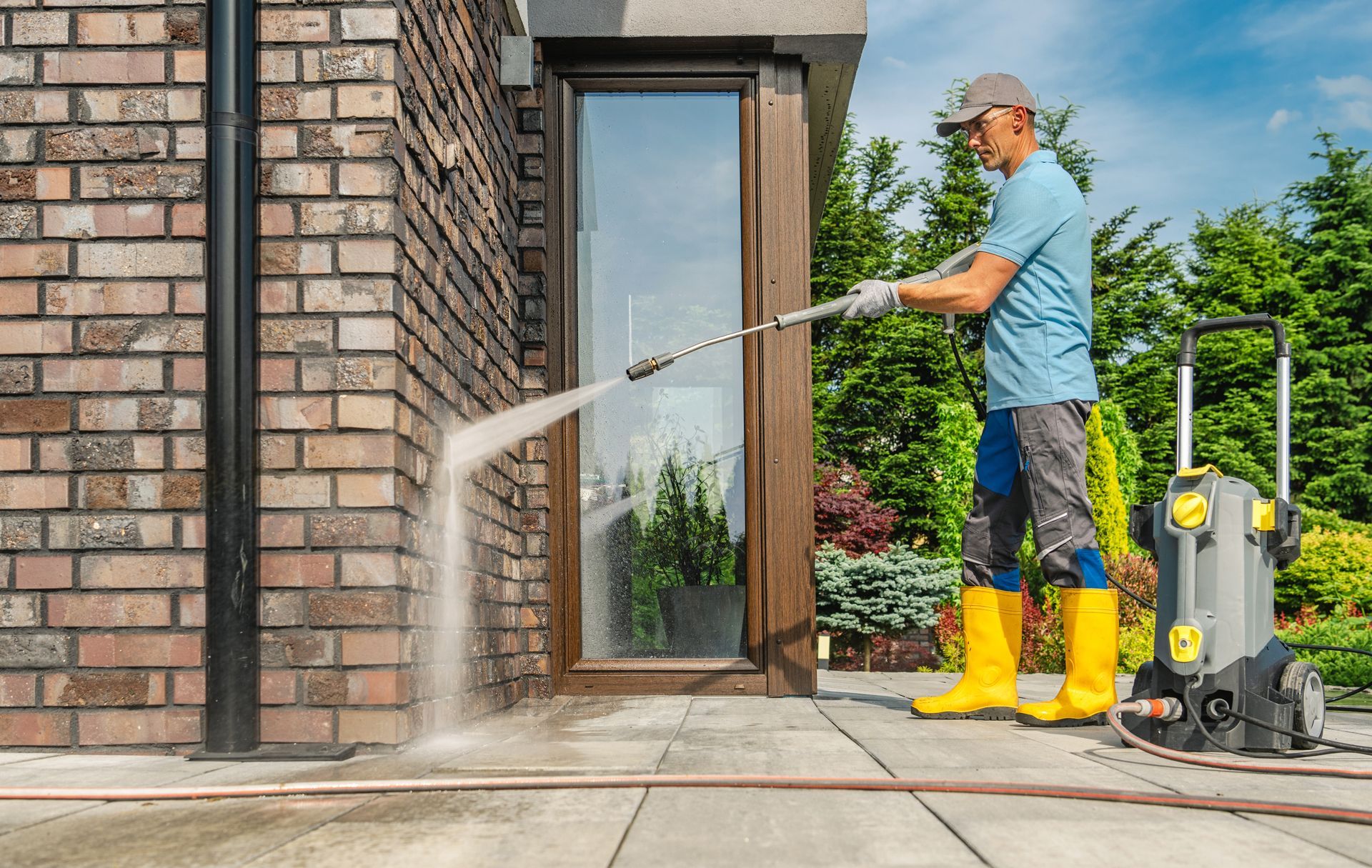 Person pressure-washing a brick house exterior and front walkway, with yellow boots and a hose sprayer