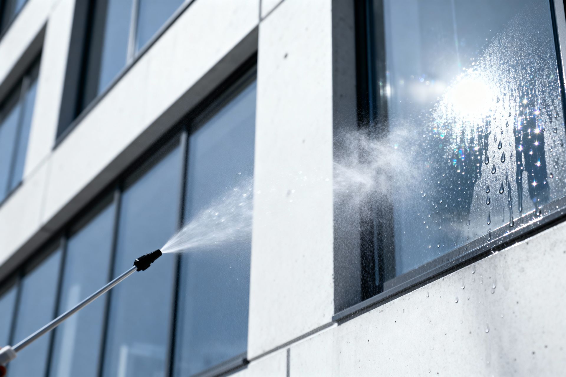 Worker power-washing windows on a modern building facade