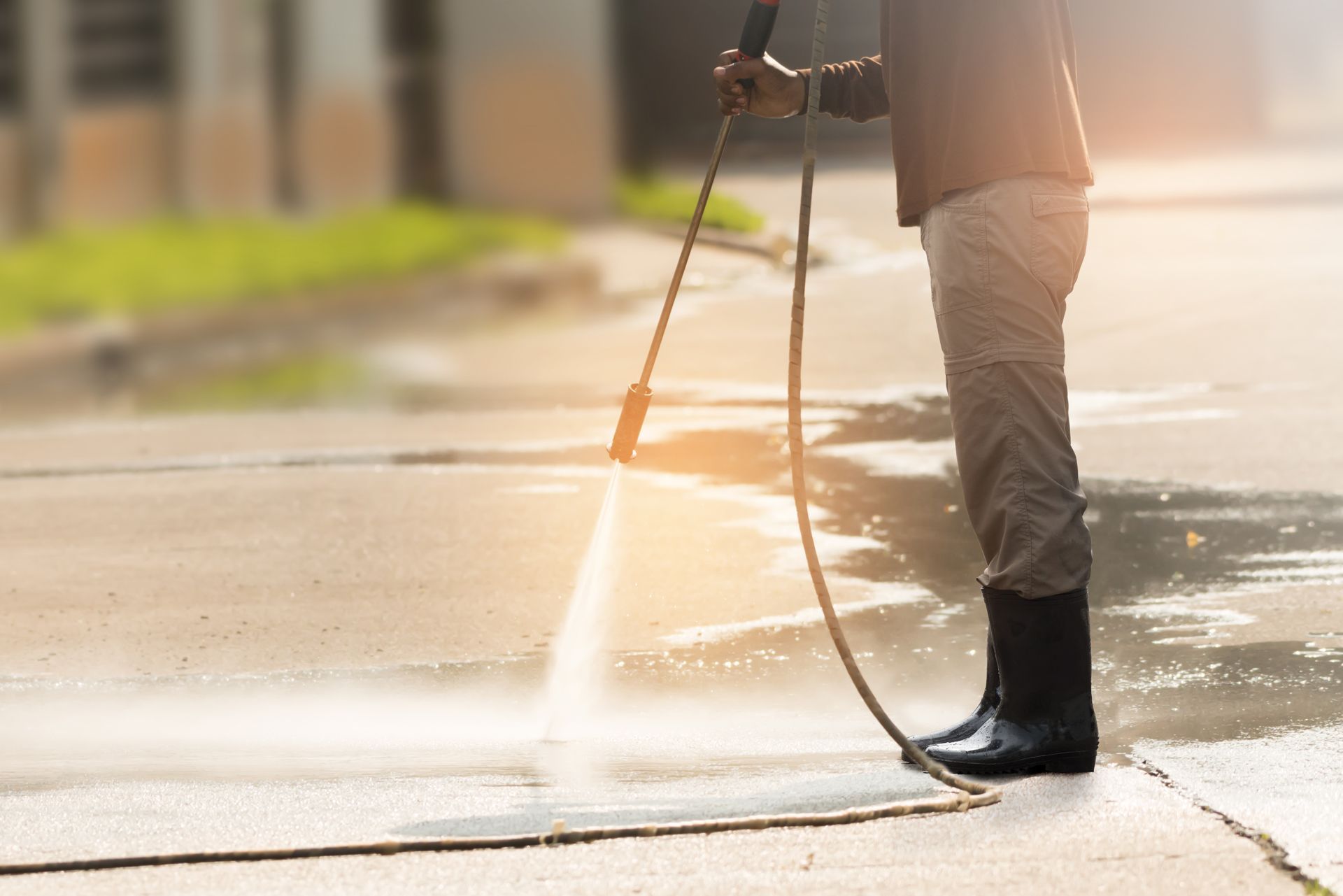 Person pressure-washing a sunlit concrete surface outdoors