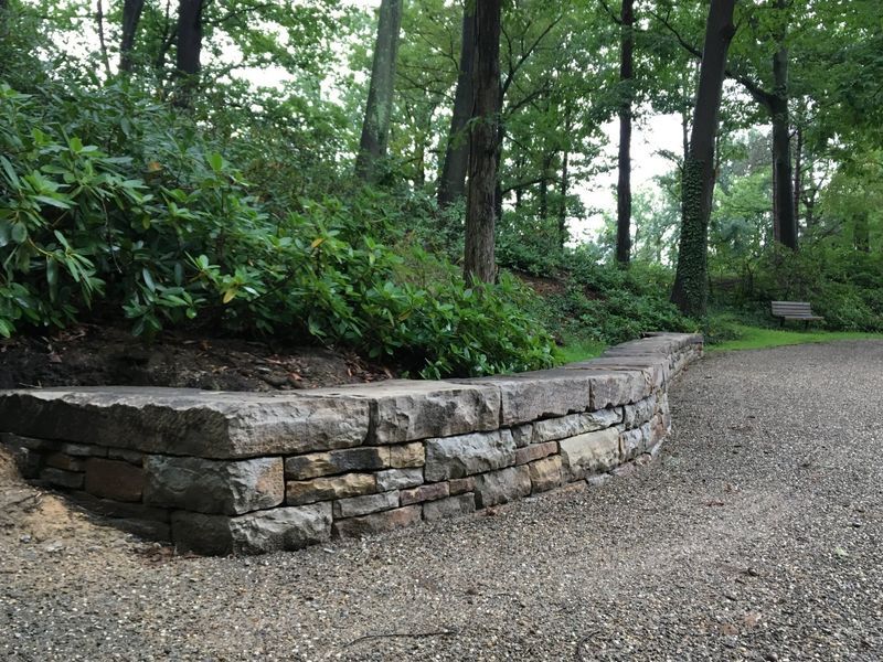 A stone wall along a gravel road in the woods