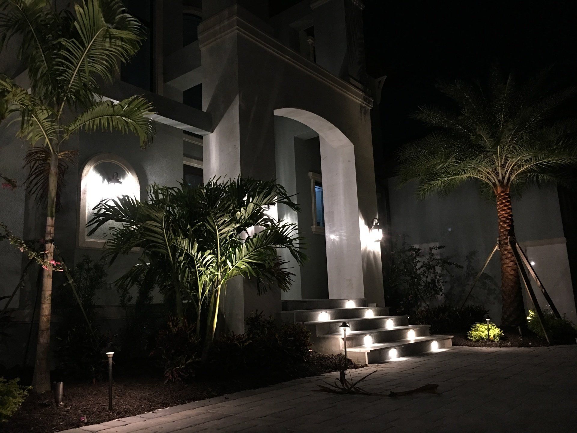 A house is lit up at night with palm trees in front of it