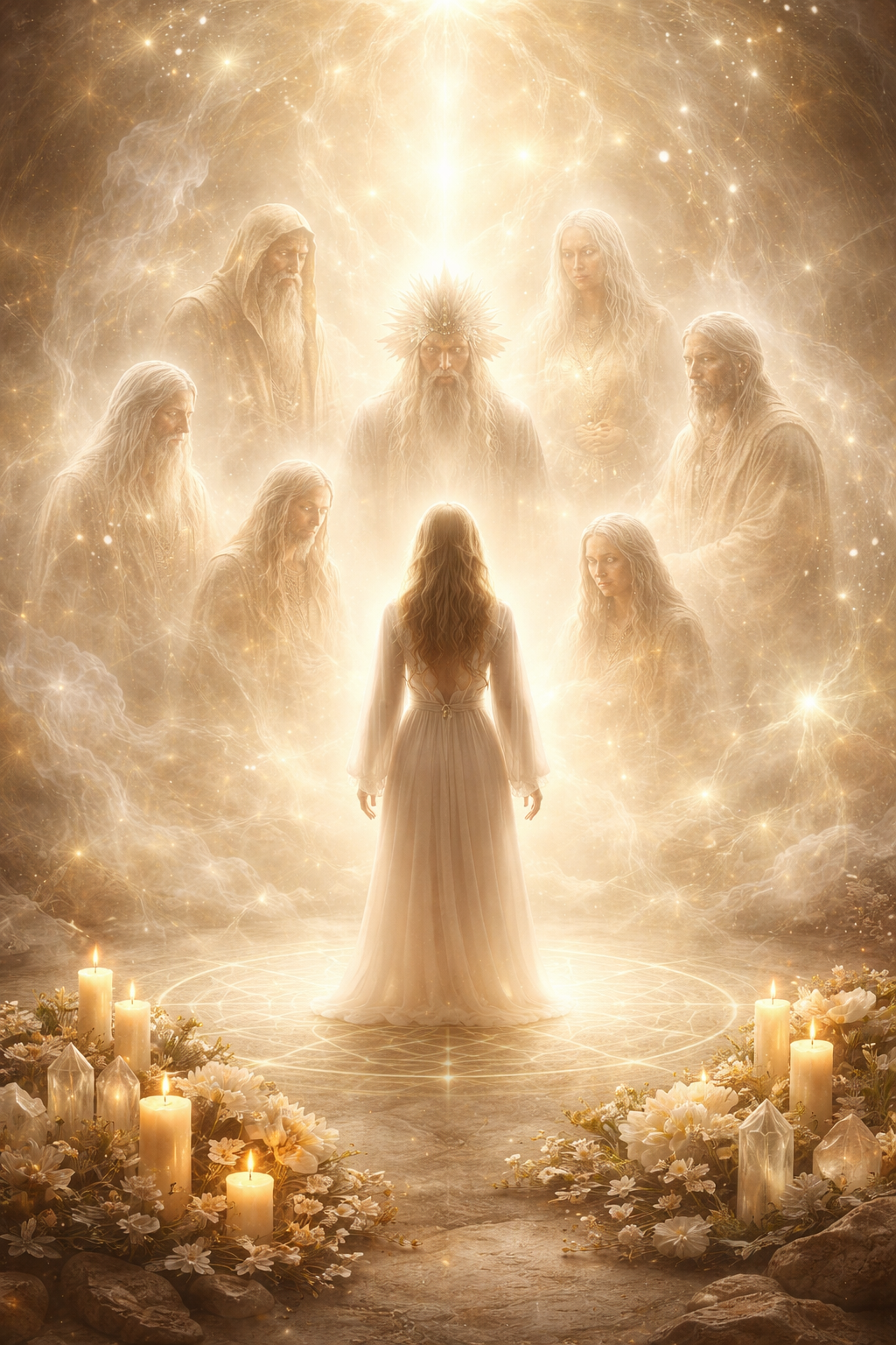 Drie bebaarde figuren, met uitgestrekte armen, onder een hemel met patronen, komen tevoorschijn uit een donker bos.