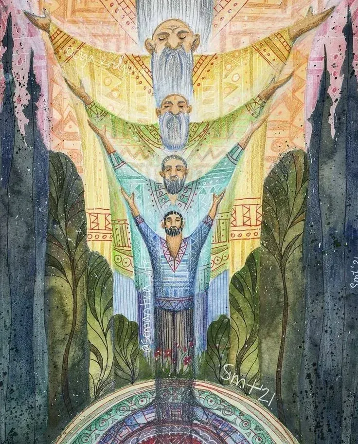 Drie bebaarde figuren, met uitgestrekte armen, onder een hemel met patronen, komen tevoorschijn uit een donker bos.