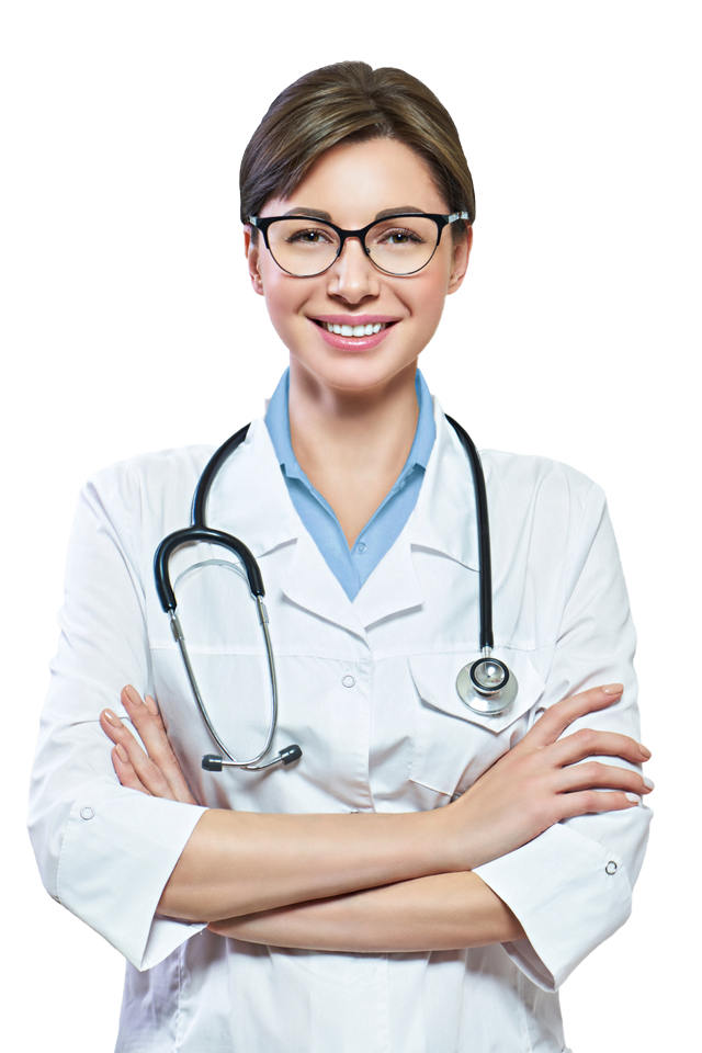 A female doctor with a stethoscope around her neck is smiling with her arms crossed.