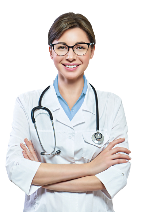 A female doctor with a stethoscope around her neck is smiling with her arms crossed. A female doctor with a stethoscope around her neck is smiling with her arms crossed.