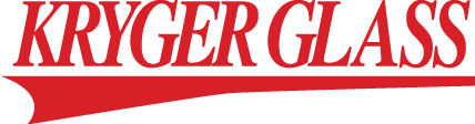 A red and white logo for a company called kryger glass