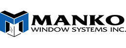 The logo for manko window systems inc. is blue and black.