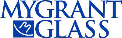 The logo for mygrant glass is blue and white on a white background.