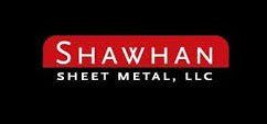 The logo for shawhan sheet metal llc is red and white on a black background.