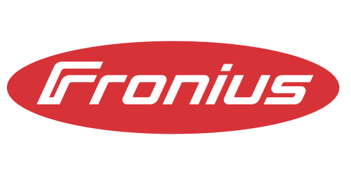 A red and white logo for fronius on a white background.