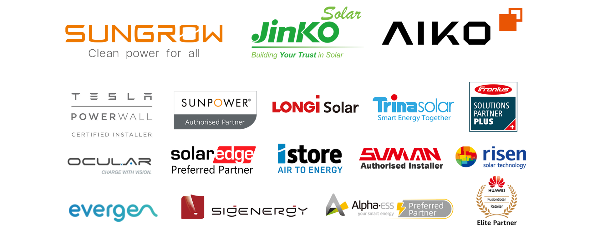 A bunch of logos for solar companies on a white background.