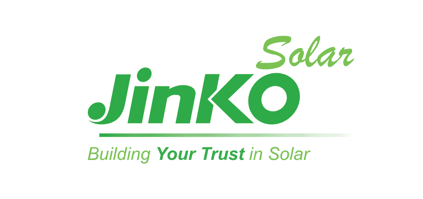 The jinko solar logo is green and white and says building your trust in solar.