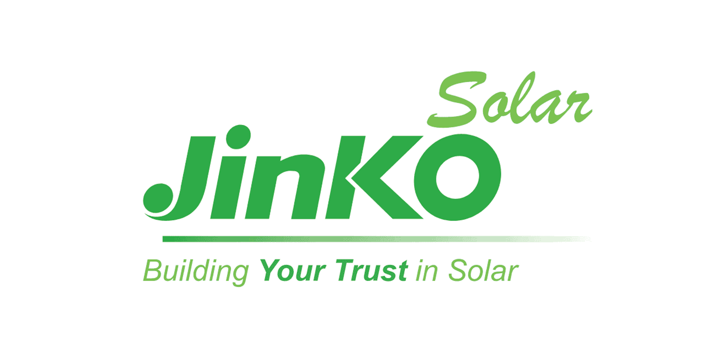 The jinko solar logo is green and white and says building your trust in solar.
