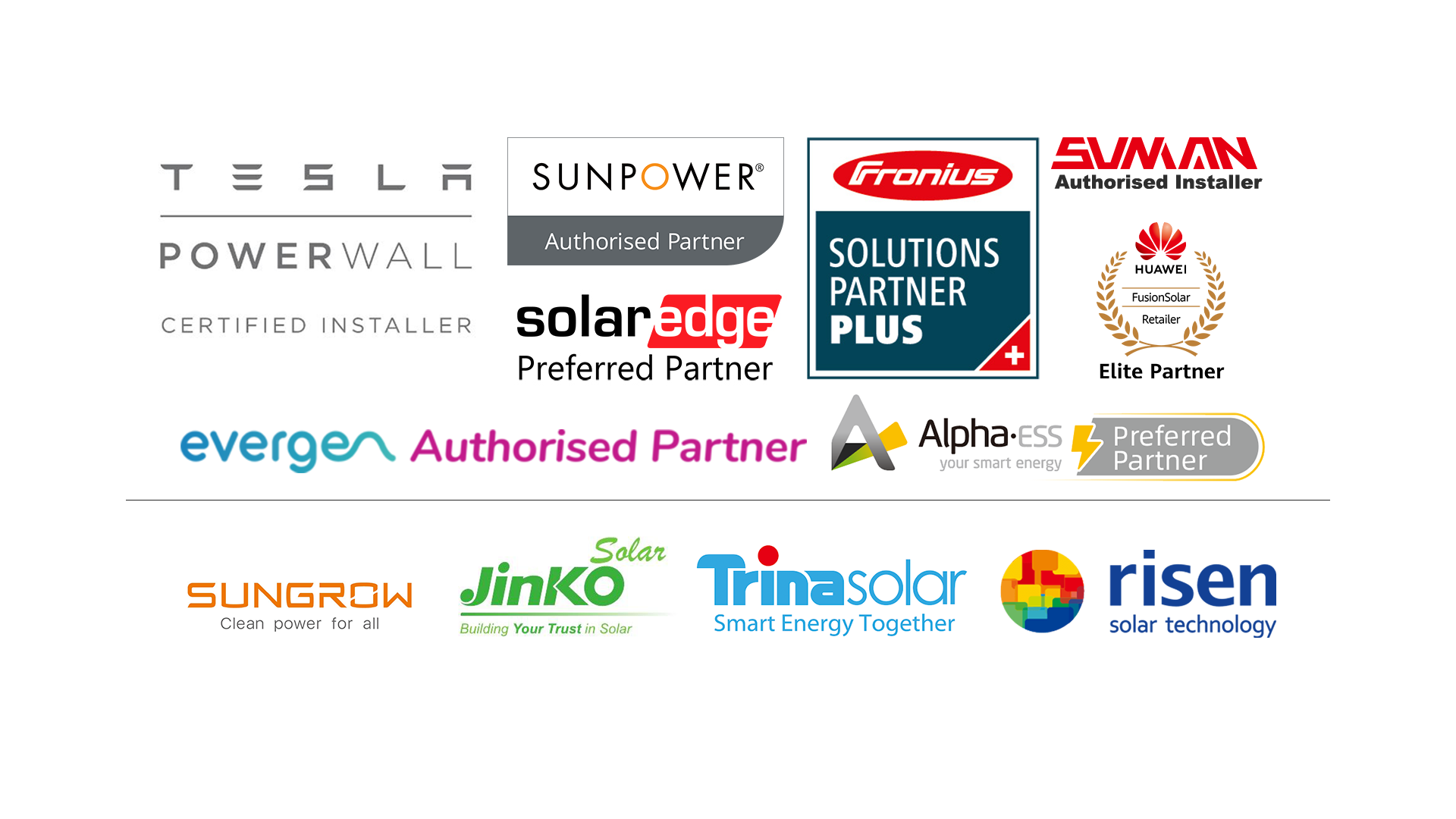 A bunch of logos for solar companies on a white background.
