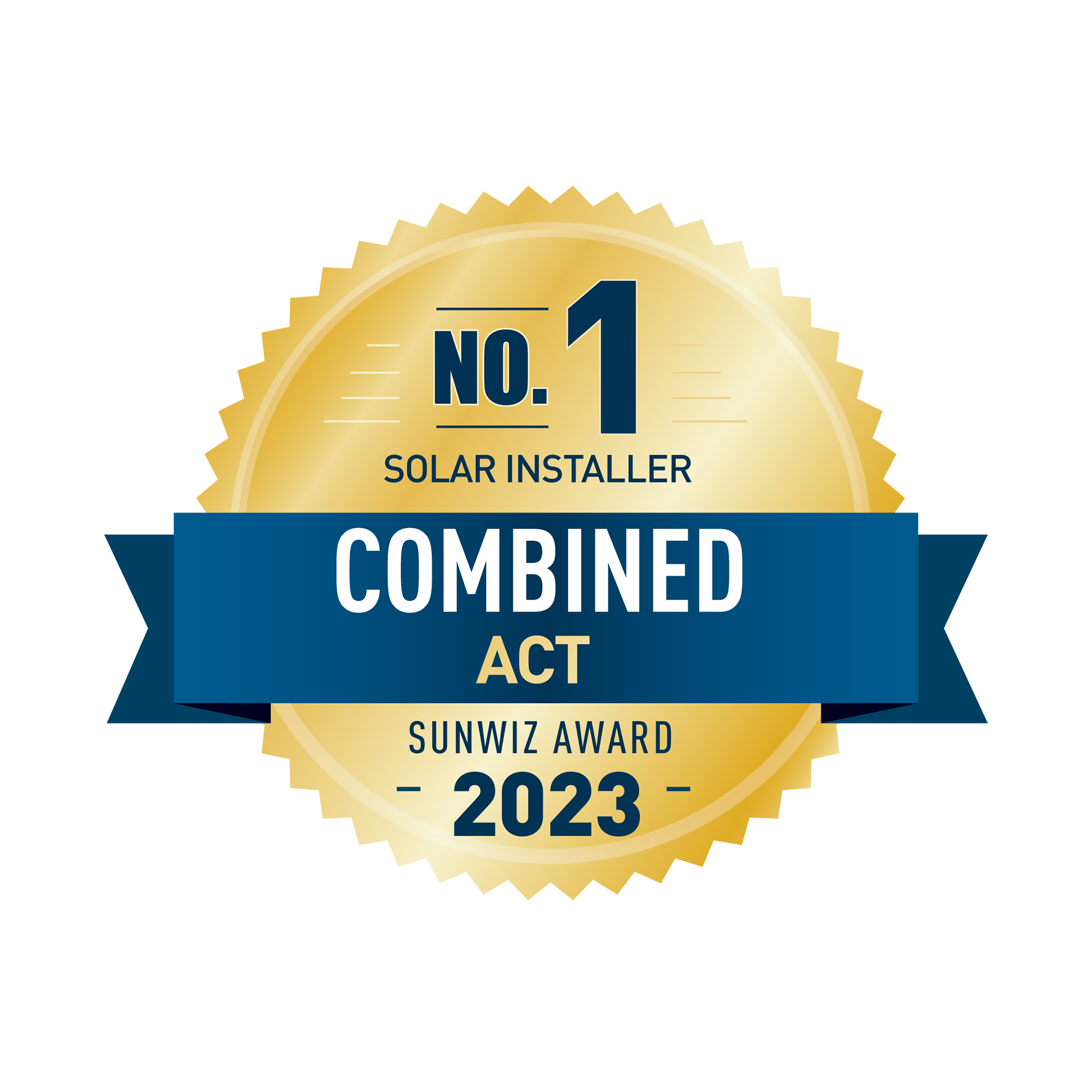 A gold badge that says no. 1 solar installer combined act sunwiz award 2023