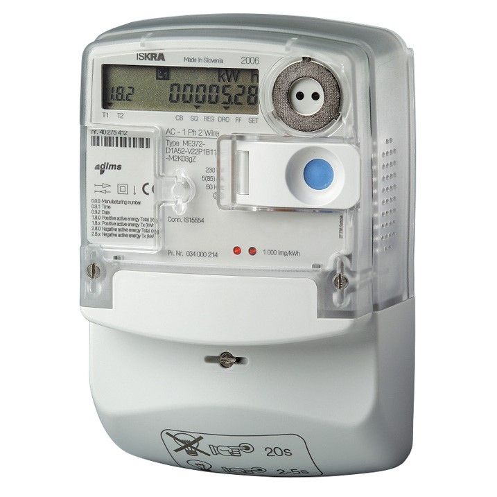 A close up of a digital electric meter on a white background.