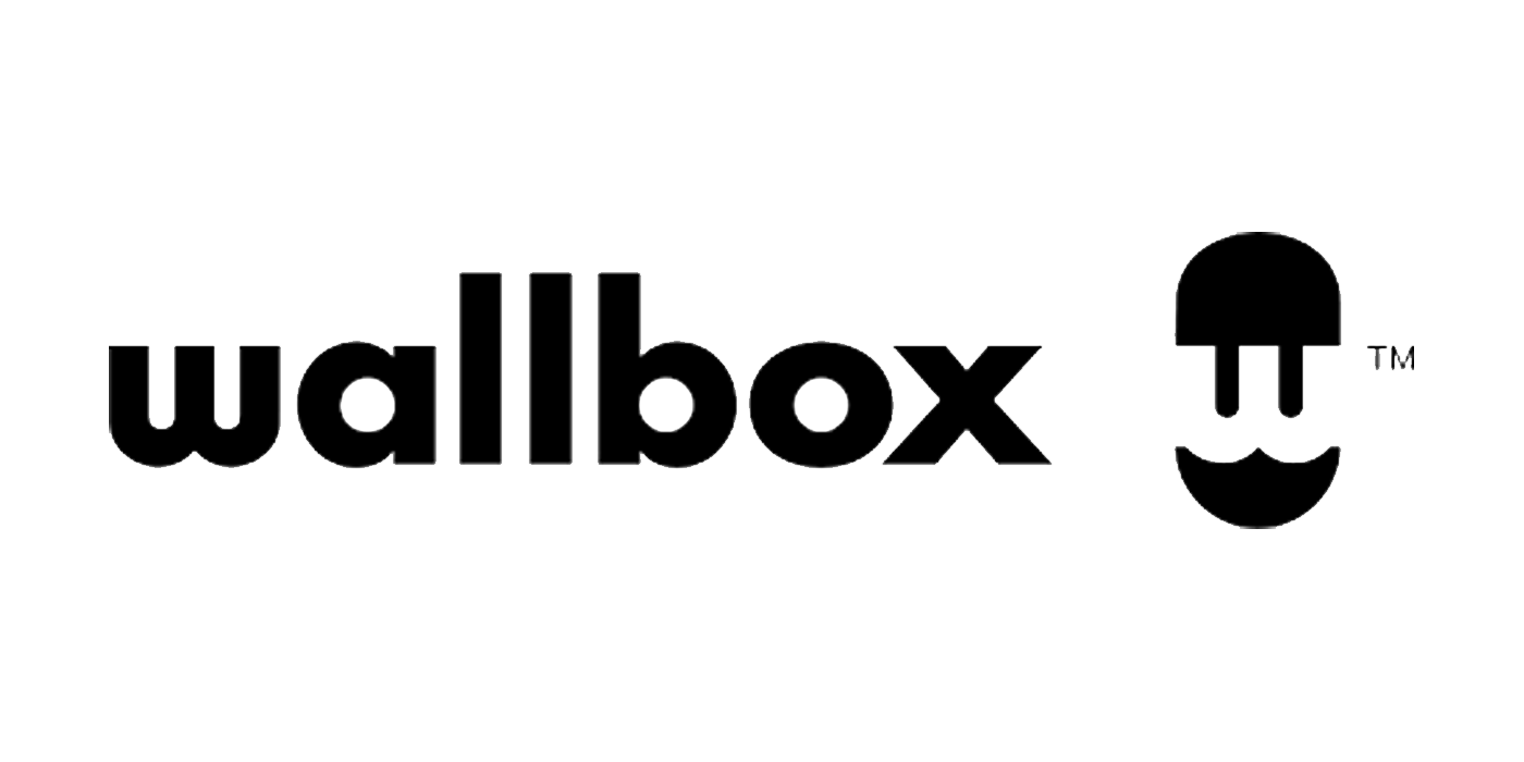 A black and white logo for wallbox with a smiley face.