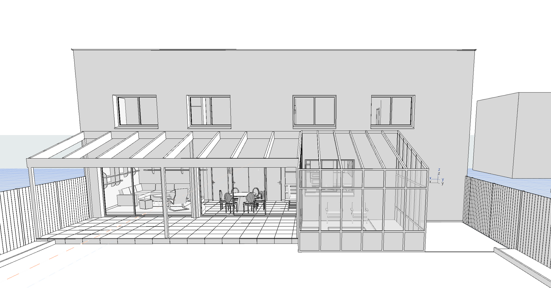 Maison gris clair à deux étages avec des boiseries blanches, un garage double et une allée. 