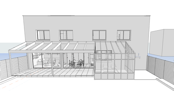 Maison gris clair à deux étages avec des boiseries blanches, un garage double et une allée. 
