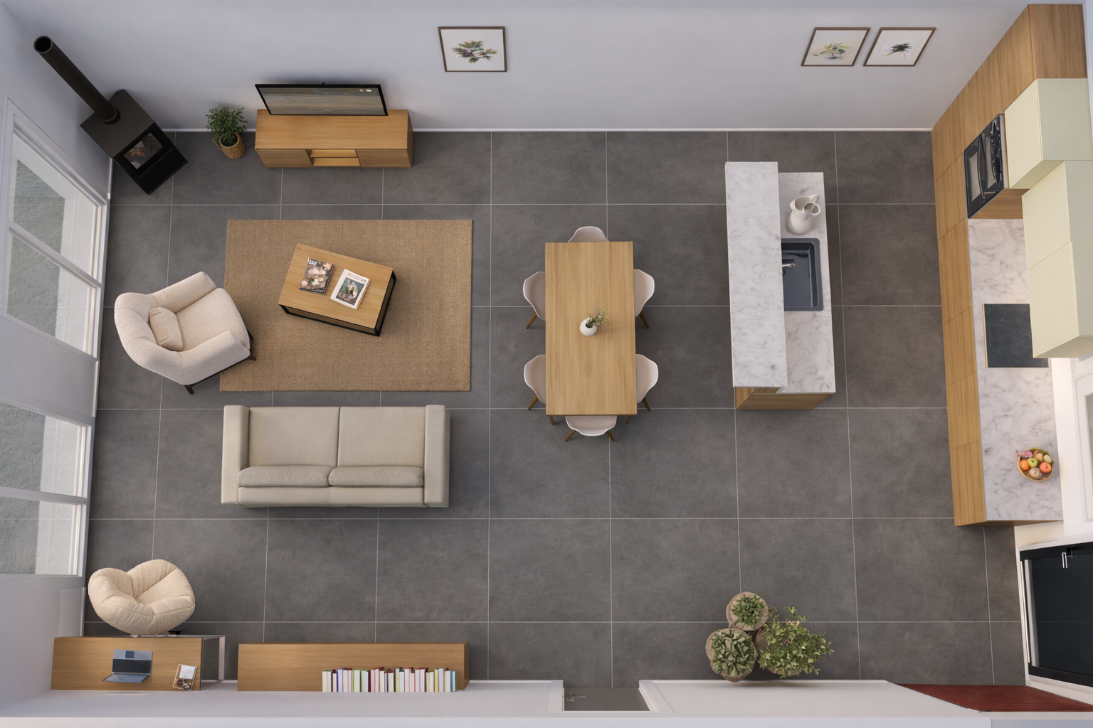 Salle de bains avec meuble-lavabo gris, miroir rond, carrelage blanc, baignoire et fenêtre.