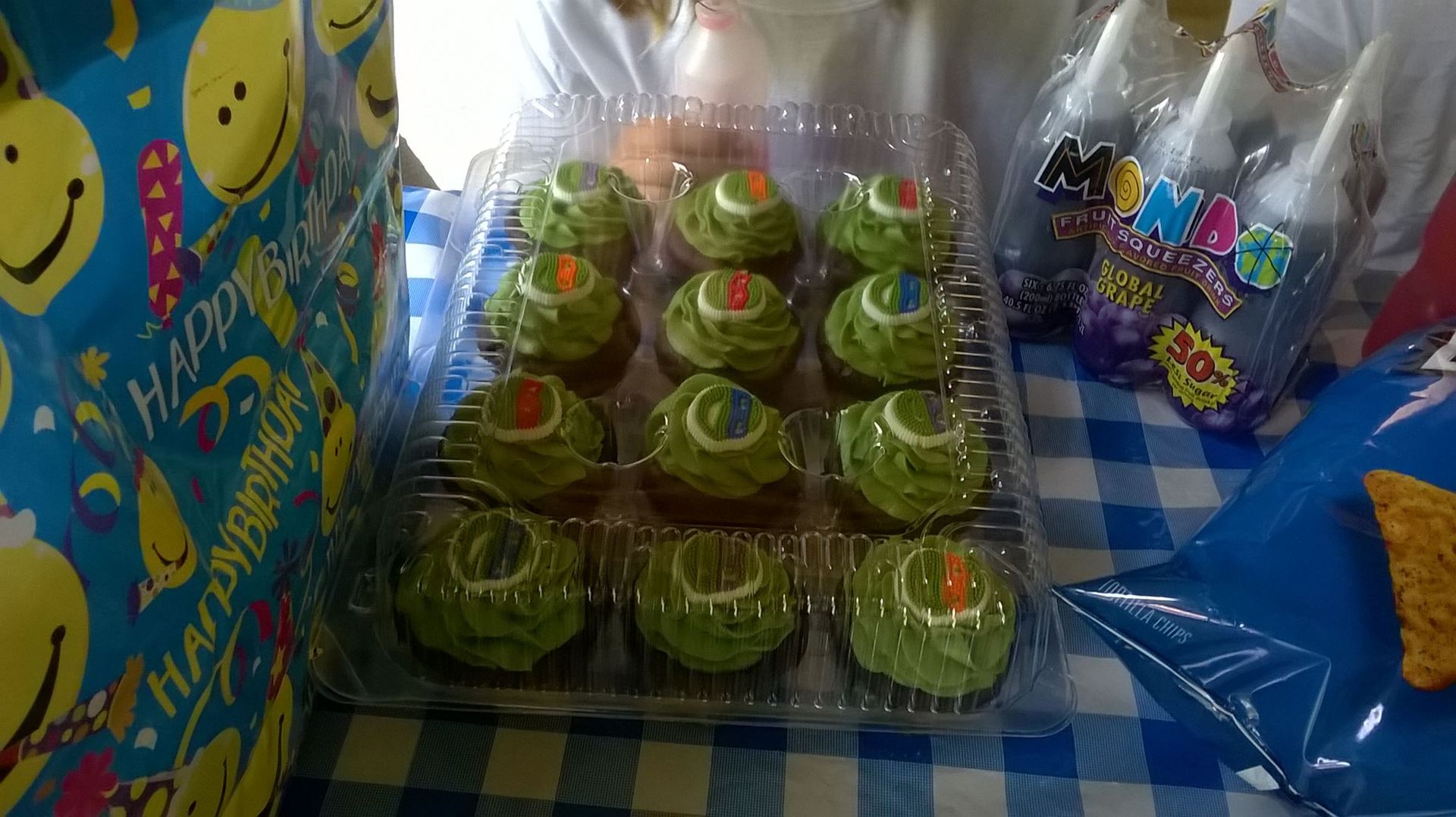 Cupcakes with green frosting and colorful decorations sit in a plastic container on a blue checkered tablecloth. Teenage Mutant Ninja Turtles