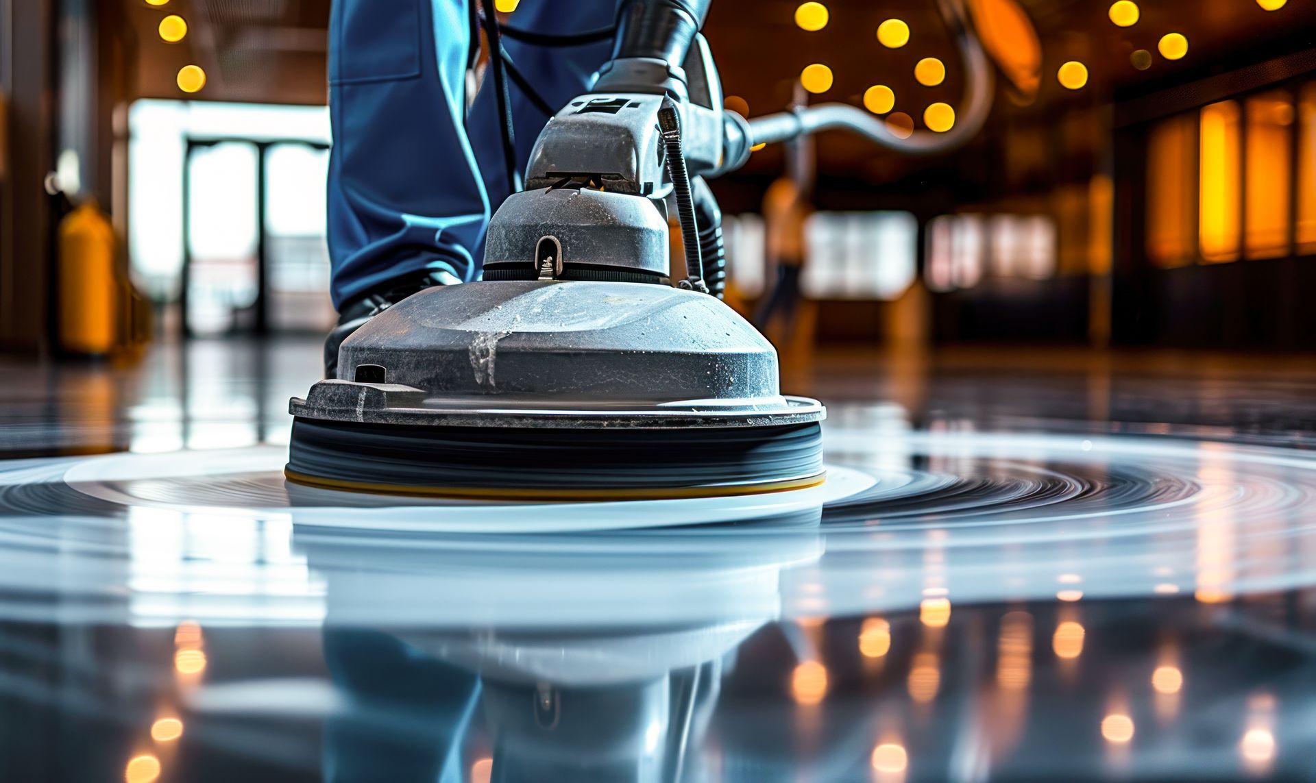 A person is using a machine to clean a shiny floor.