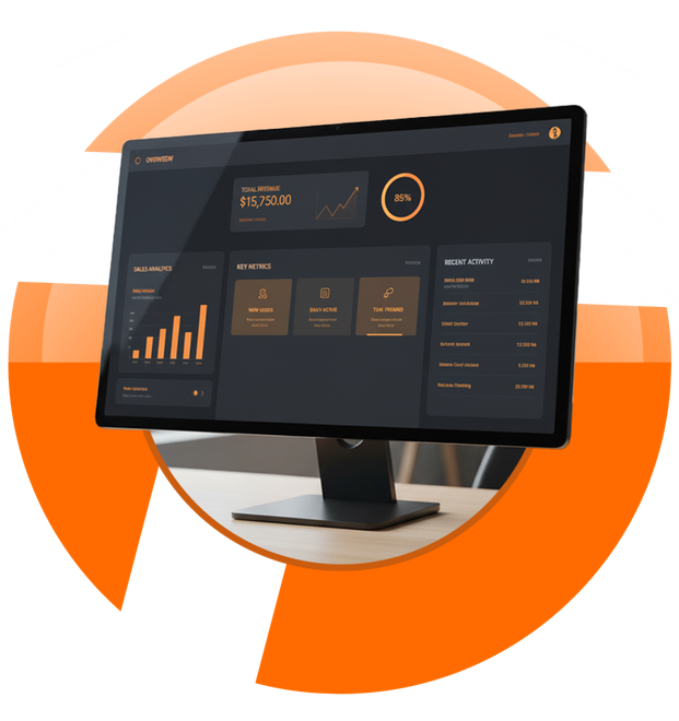 Black computer monitor displaying data visualizations, orange accents, sitting on a desk.