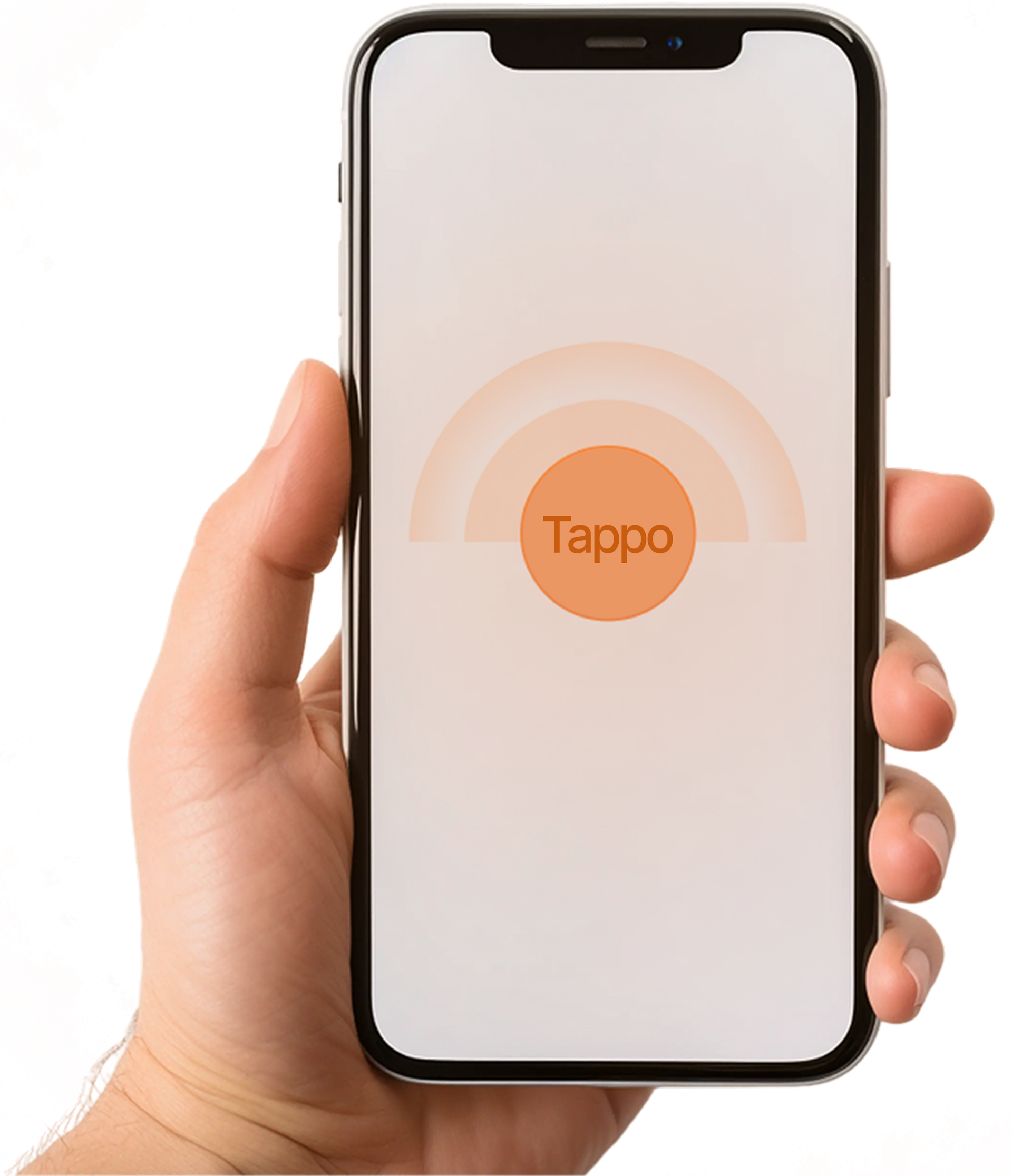 A hand is holding a cell phone with a white screen.