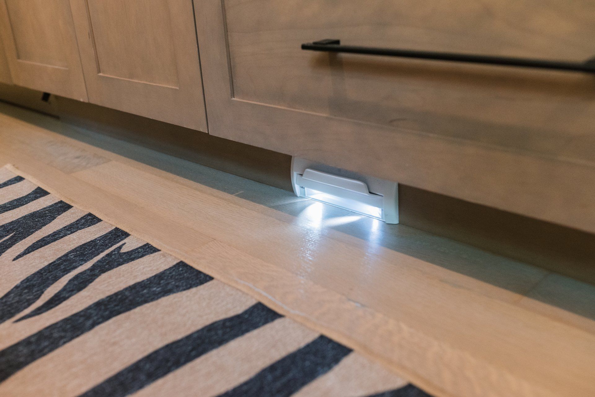A zebra print rug is on the floor under a cabinet.