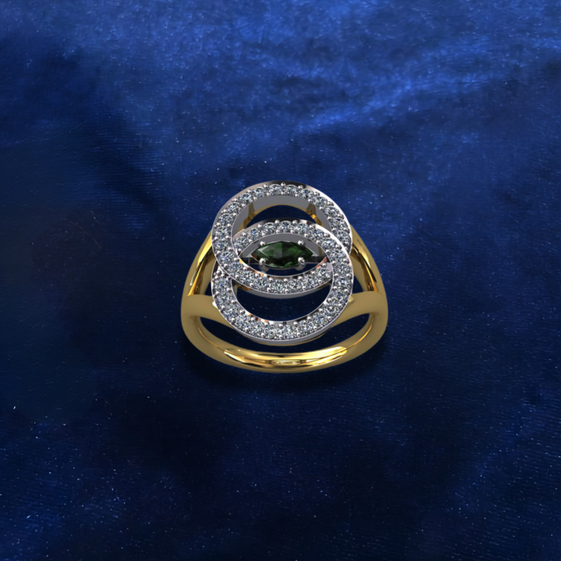 A gold ring featuring two overlapping, diamond-encrusted circular loops with a single marquise-cut green stone in the center.