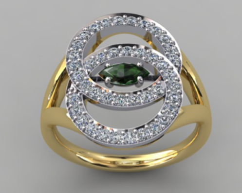 A gold ring with two interlocking white gold circles covered in small diamonds, centered with a marquise-cut green stone.